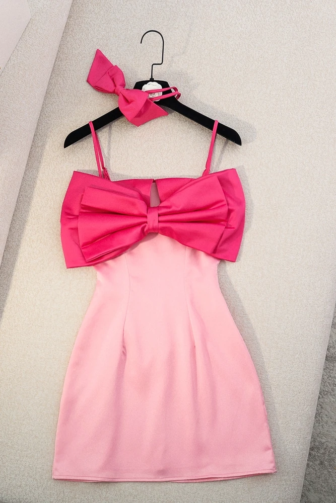 

2021 Summer New Fashion Brand Strappy Bow Sexy High Waist Satin Slim Fit A- line Dress Dress for Women