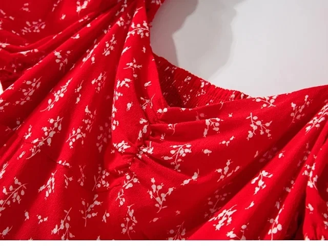 

2020 New Retro Floral Women Midi Dress Red Puff Sleeve Square Collar Slim Waist Split Long Dresses pleated Sundress