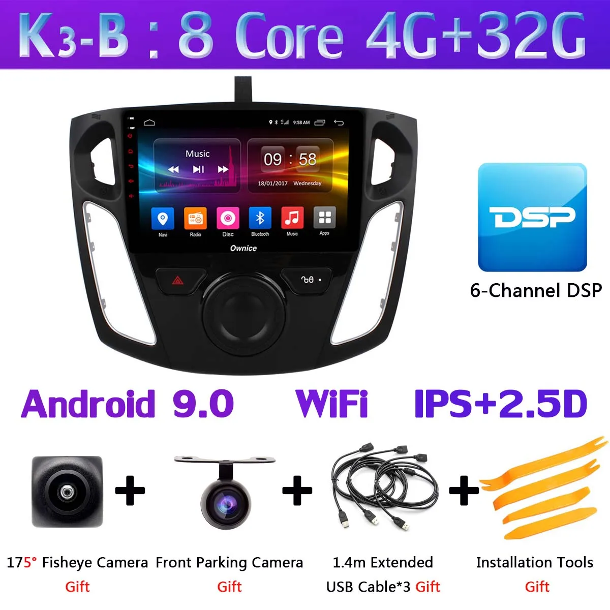 360 ° панорамная 4 × камера 4G LTE Android 9,0 4+ 64G SPDIF DSP CarPlay Автомобильный мультимедийный плеер для Ford Focus 3 mk3 2012- gps радио - Цвет: K3-B