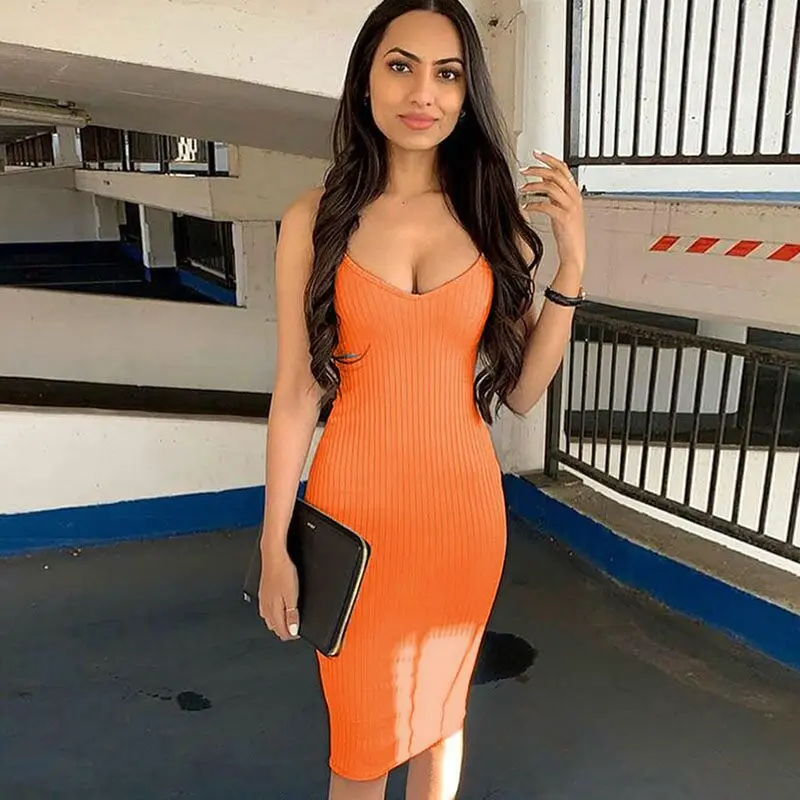 

Orange Dresses 2021 Sexy High Waist Women Summber V-Neck Backless Knee Dress Spaghetti Bodycon Elegant Fashion Party
