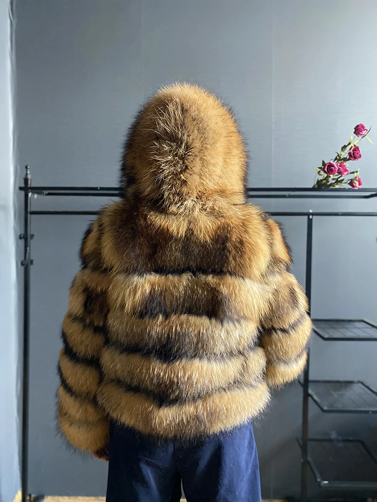 Europa y América 2021, chaqueta de piel de mapache pesada Natural con capucha grande de invierno para mujer, abrigo de piel Real