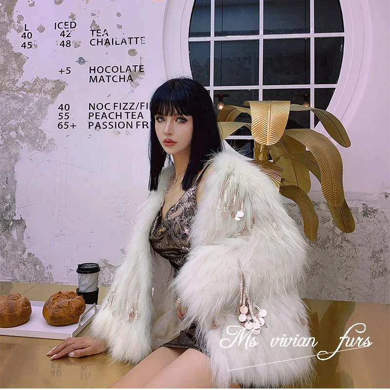 RosEvans Ins Elegant Real Import Raccoon Woven Fur Jacket Female Women Coat and Jackets 2020 New Fox Fur Sequins Tassel High End
