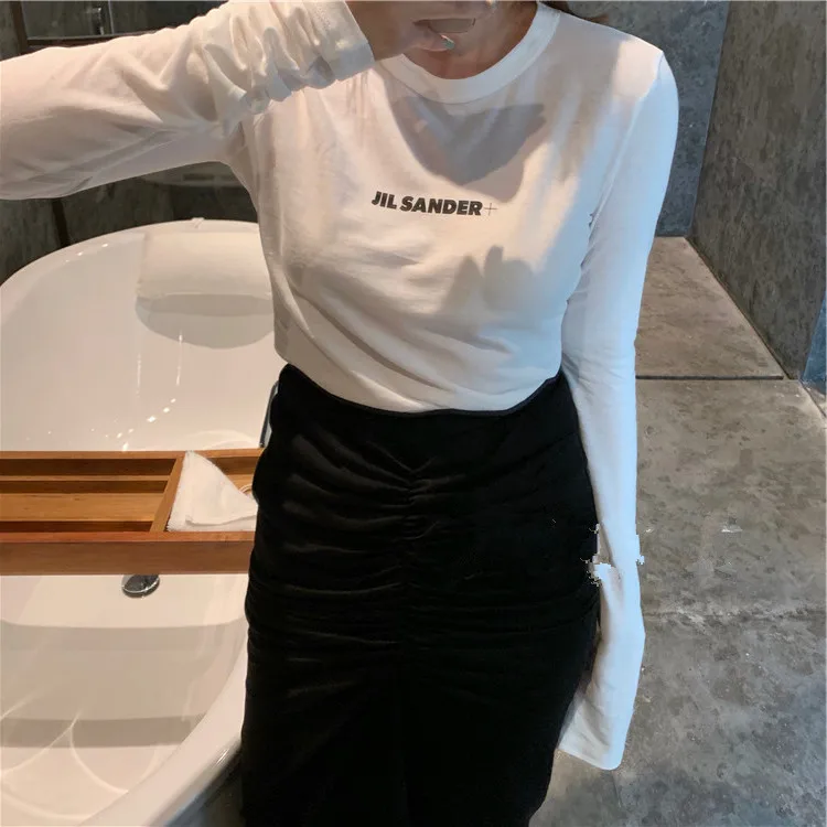 Белая женская футболка с буквенным принтом новинка 2020 тонкая и длинным рукавом