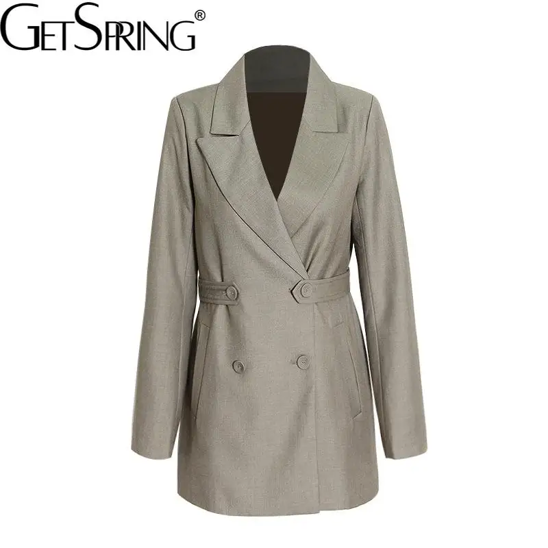 

Getspring Женский блейзер, серый винтажный двубортный Женский блейзер и куртки, длинный костюм, пальто, осень и зима 2021