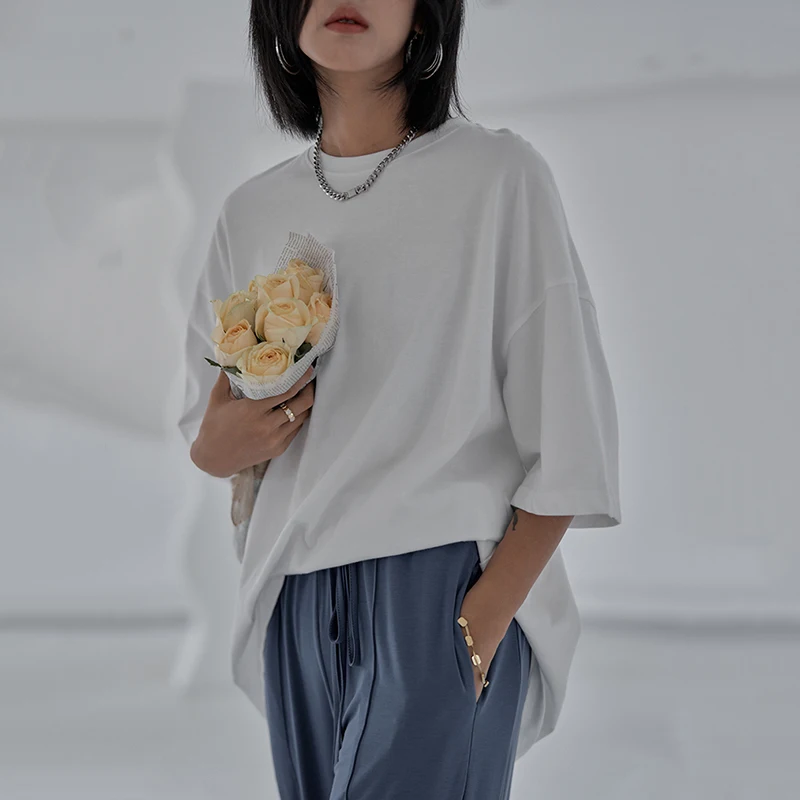 

[EAM] Women White Multicolor Casual Big Size T-shirt New Round Neck Half Sleeve Fashion Tide Spring Summer 2021 1DE0032