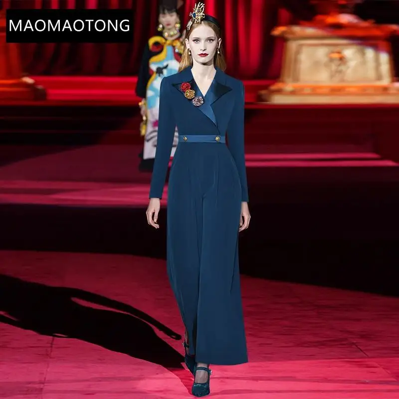 

2021 Autumn Office Lady Long Jumpsuits Turn-down Collar Long Sleeve Flowers Appliques Casual Wide Leg Trousers
