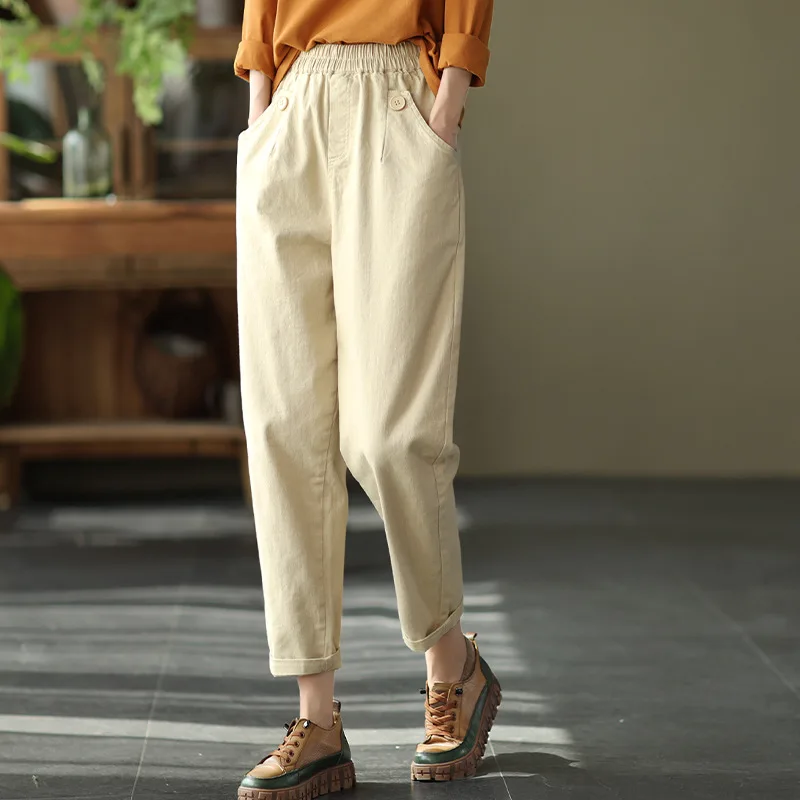 

Брюки-султанки женские с эластичным завышенным поясом, повседневные Простые однотонные брюки-султанки в литературном ретро стиле, осень 2023