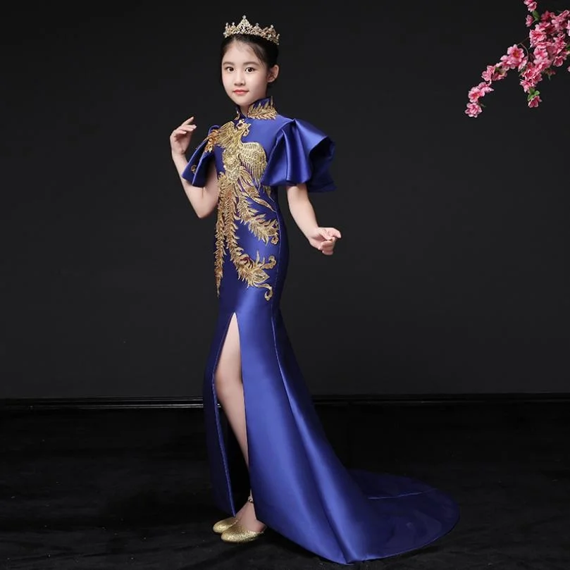

Royal Blue Baby Princess Evening Gown Embroidery Long Cheongsam Fashion Kids Clothing Modern Oriental Dress For Girls Y481