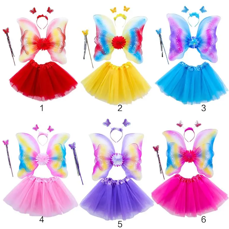 

4Pcs Girls Fairy Costume Set Rainbow Butterfly Wings Three Layers Tulle Tutu Skirt Wand Headband Princess Halloween Party 3-8T