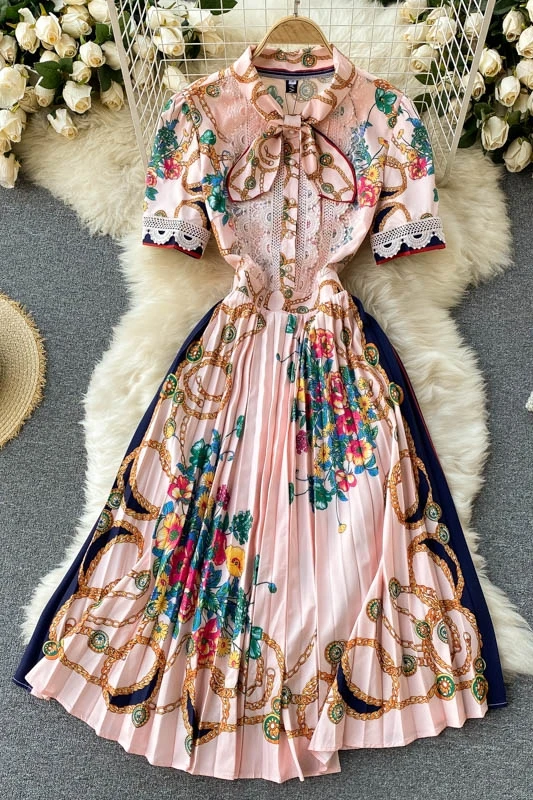 

Chic Lace Embroidery Printed Beach Dress for Women Vintage O-Neck Bow Short Sleeve Slim Fit Slimming Pleated Midi Dress Summer