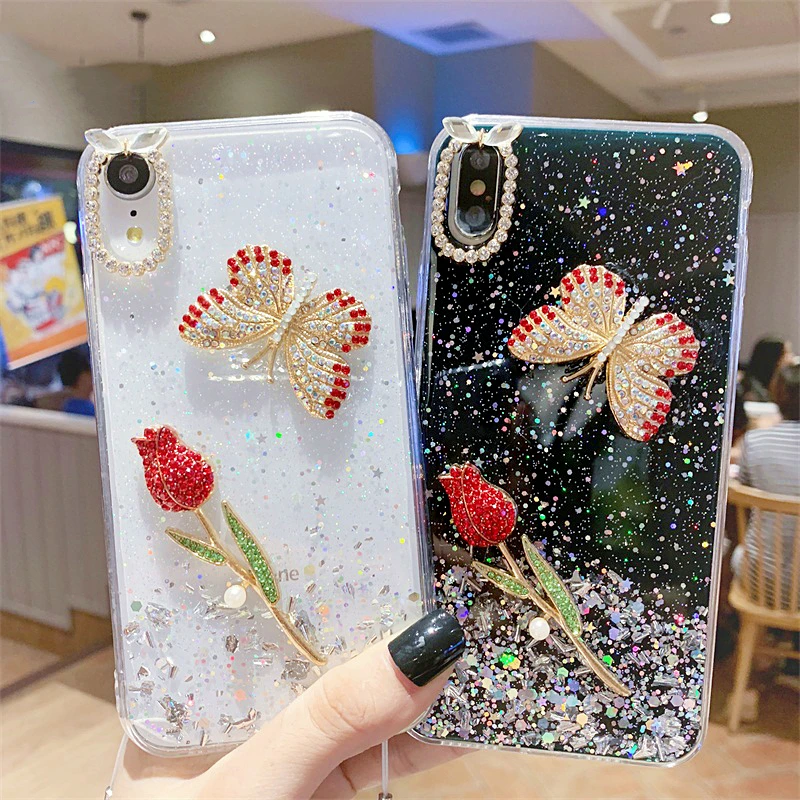 Роскошный 3D Блестящий чехол для телефона с розой и бабочкой iPhone 11Pro Max SE 6 6S 7 8 Plus X XR