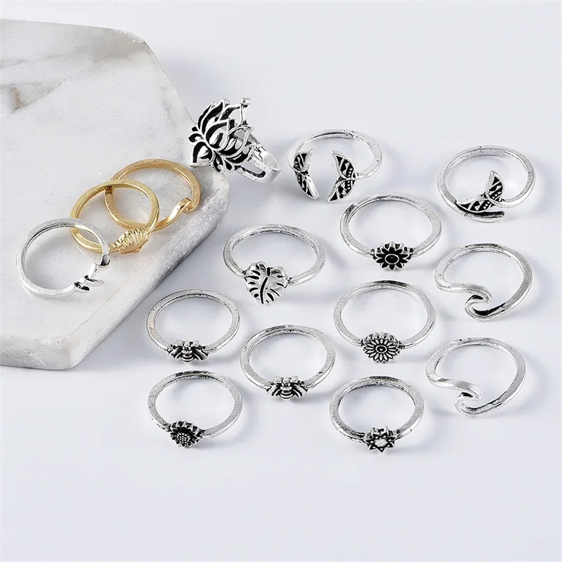 15 шт./компл. женские классические кольца в форме лотоса рыбьего хвоста лист