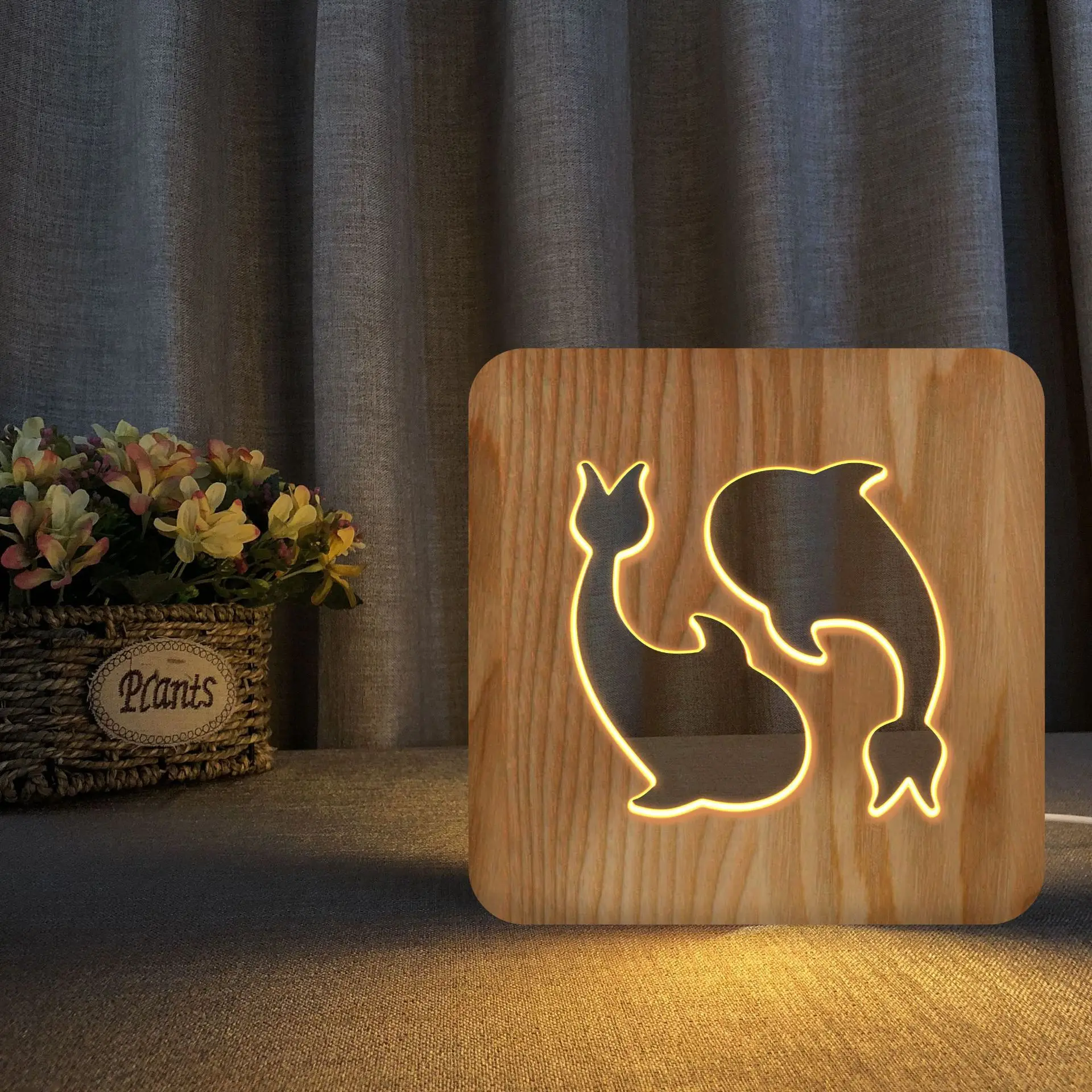 

Pisces 3D Night Lamp Wooden Craftwork Wooden Head Lamp Creative Animal Table Lamp