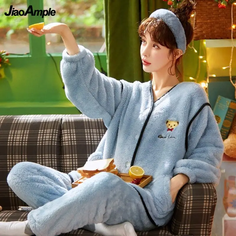 2021 Winter New Thick Velvet Warm Pajamas Women's Flannel Cute Cartoon Pijamas Set Korean Fashion Sleepwear Two-piece Set