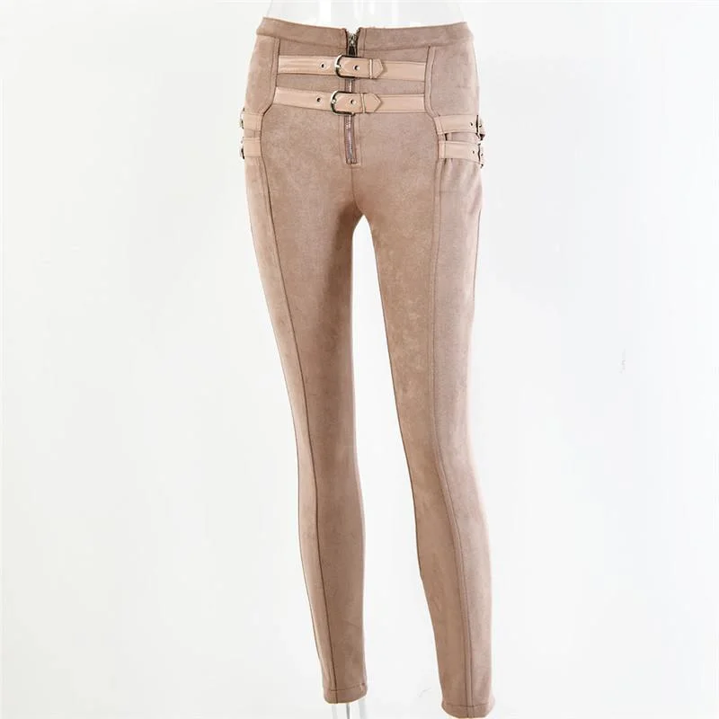 

Suede Skinny High Waist Casual Women Pants Fashion Belt Buckle Pencil Pants Women Autumn Winter Black Sexy Trousers 2021