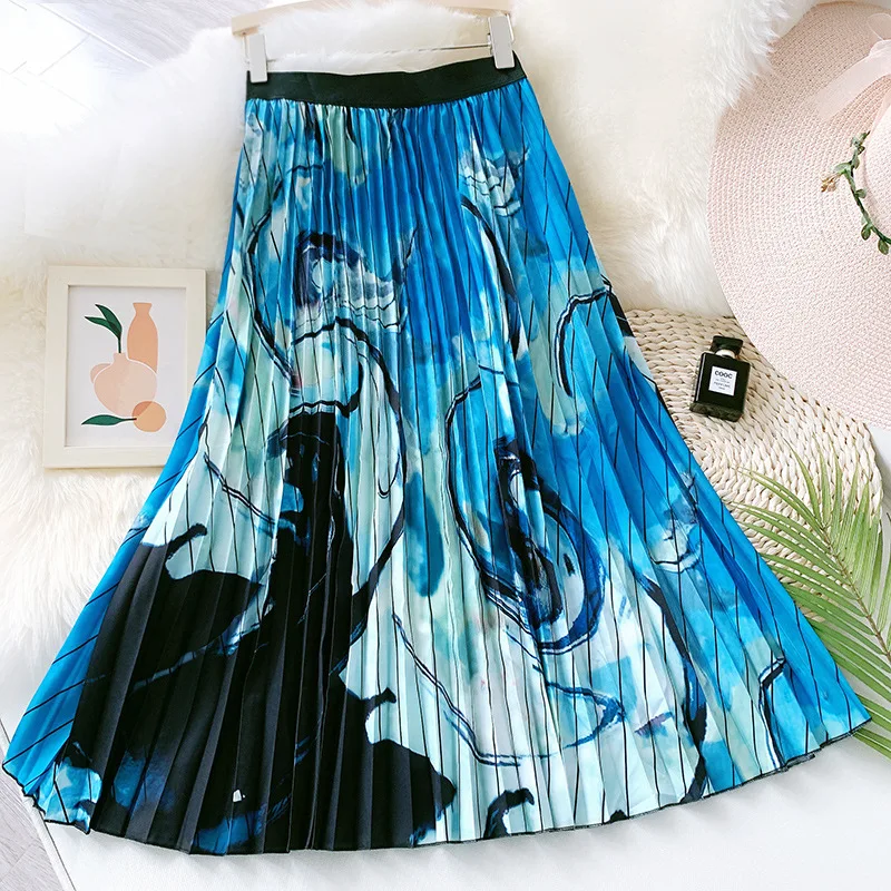 

Шифоновая плиссированная трапециевидная длинная юбка с принтом