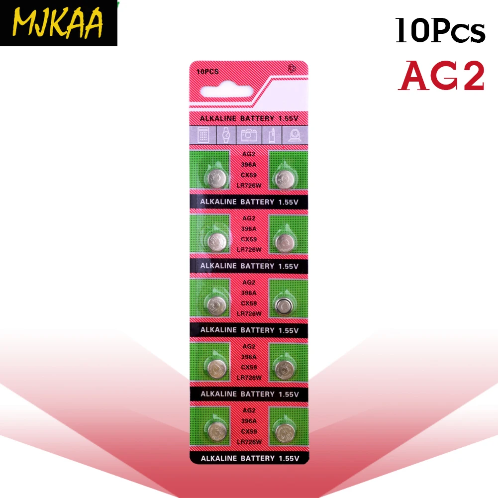 10 шт. 1,55 v AG2 щелочные батареи 196 396 536 556 607 396A 397B CX59 GP397 LR726 RW411 S30 SG2 SR726 SR726SW V397 акумуляторная батарея
