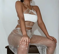 diamond fishnet tank top trousers two piece set clothing mesh hot jewelry rhinestone lingerie clothes women sexy cover up