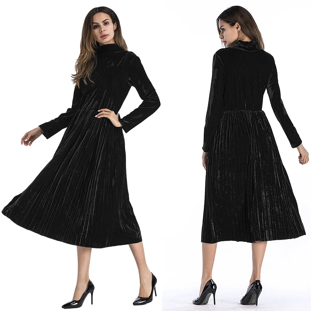 Formal Dress Women Elegant Sweet Evening Dresses 2019 Autumn Winter Ladeis Black Turtleneck Long Sleeve Sundress vestidos | Женская