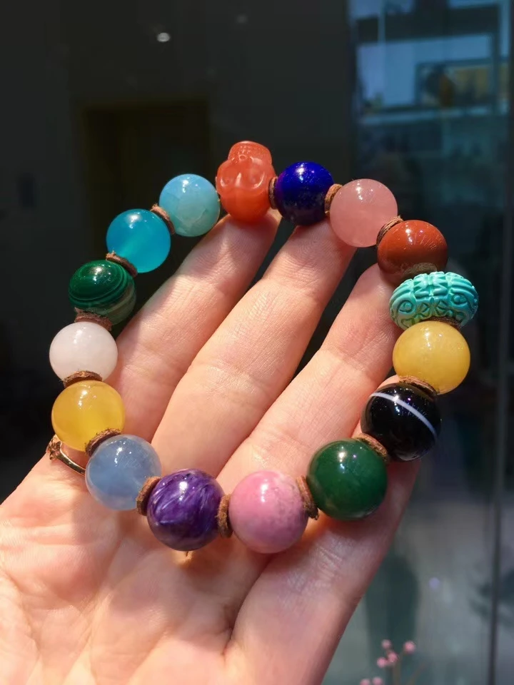 

Оригинальный натуральный 16 различных смешанных янтарных Чароит 12 мм Амазонит лазурит Аквамарин Кианит Бирюзовый нефритовый браслет бусин...