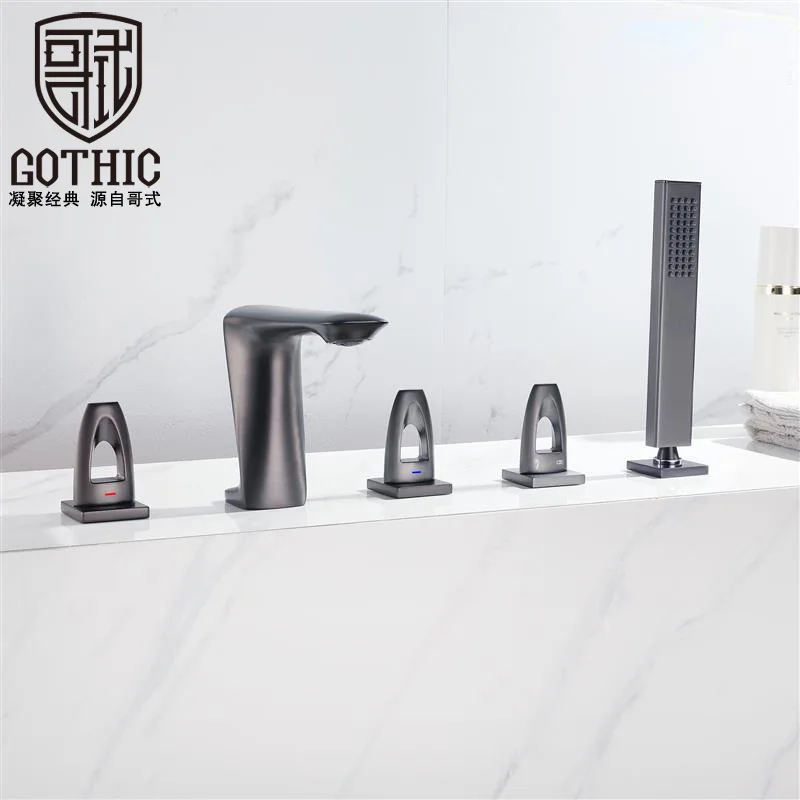 

Gothic Gun Gray Five Piece Set Brass Bathtub Faucet Split Cold And Hot Brushed Gold Tub Faucets with Shower Head Bathroom Mixer