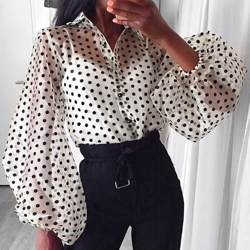 VIEUNSTA Women Mesh Sheer Blouse See-through Lantern Long Sleeve Blouse Fashion Polka Dot Button Transparent Shirt Female Blusas