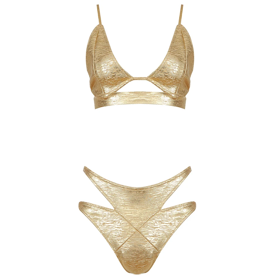 

2021 New Summer Gold Bandage Sets Sexy Women 2 Two Pieces Sets Hollow Out Club Celebrity Beach Party Sets