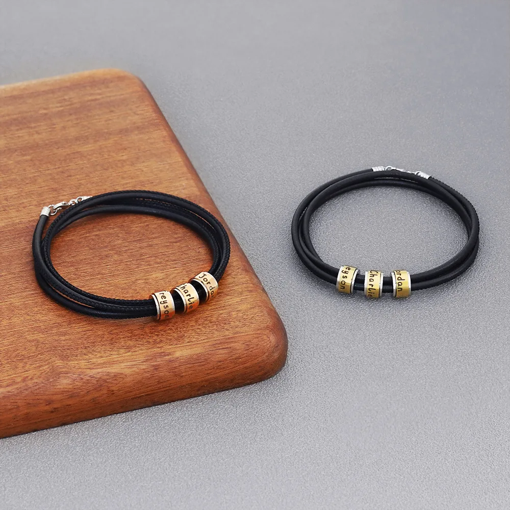 Personalized Mens Braided Genuine Leather Bracelet Stainless Steel Custom Beads Name Charm Bracelet For Men With Family Names