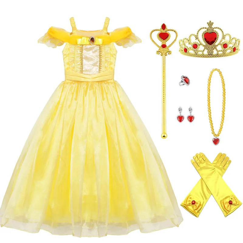 Dress6PCS Платье принцессы Белль для девочек; карнавальный костюм; Детские Вечерние платья желтого цвета с открытыми плечами; платья на Хэллоуин с короной и волшебной палочкой - Цвет: Dress6PCS