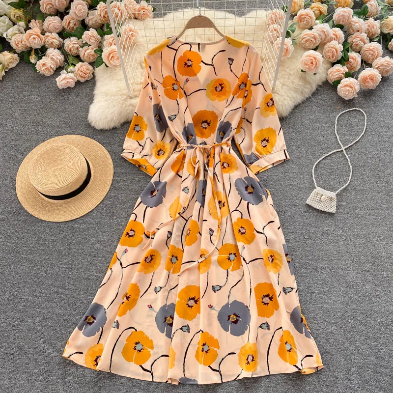 

FMFSSOM Summer Floral Print Lady Maxi Long Dress Casual Single Breasted Chiffon Pullover Women Dresses V-Nick Robe 2022