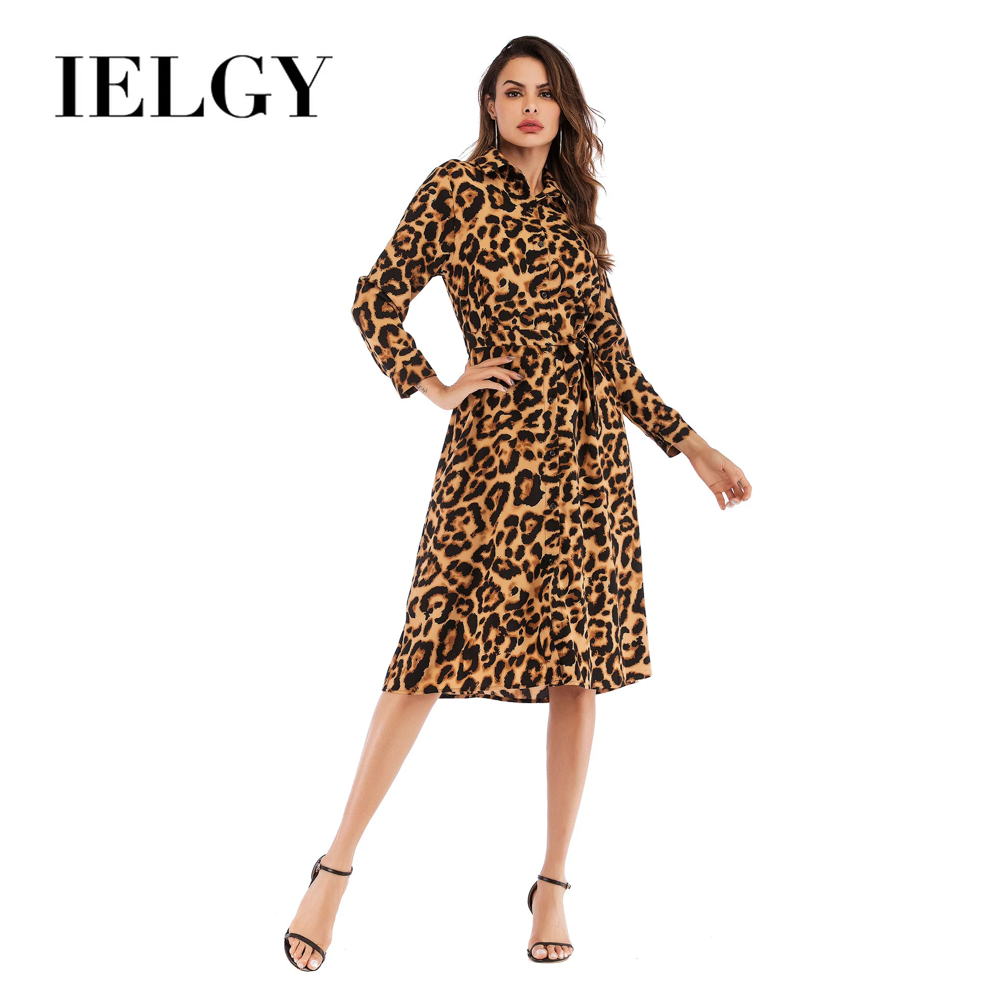 

IELGY Chiffon Dress Female comfortable long sleeve Fashion sexy leopard wild and calf belly