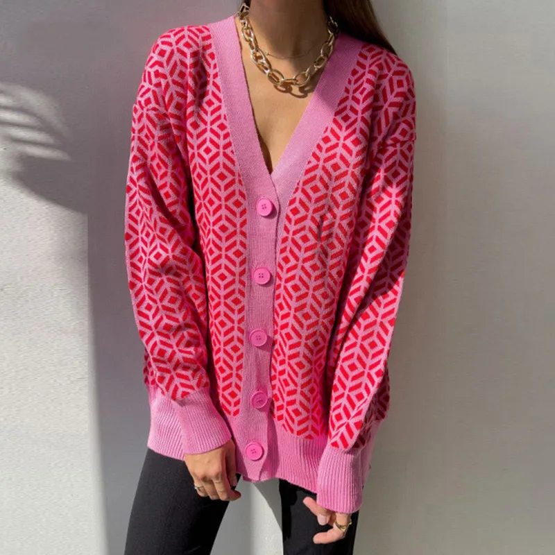 

V-neck Plaid Cardigan For Women Oversized Kintted Long Sleeve Button Women's Sweater 2021 New Autumn Winter Lady Tops Jumper Hot