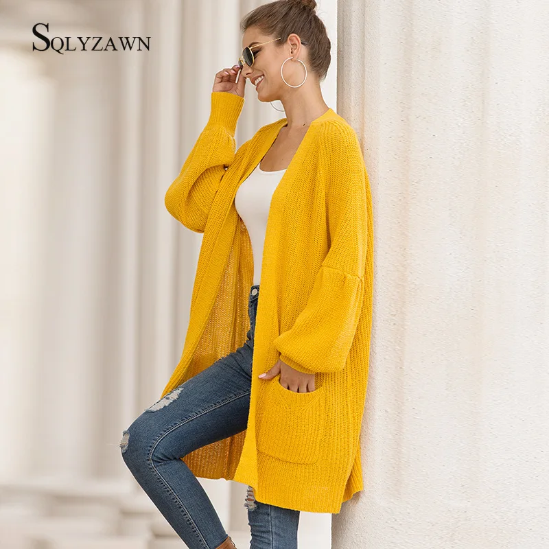 Женский вязаный длинный кардиган с карманами бежевый или Желтый Повседневный