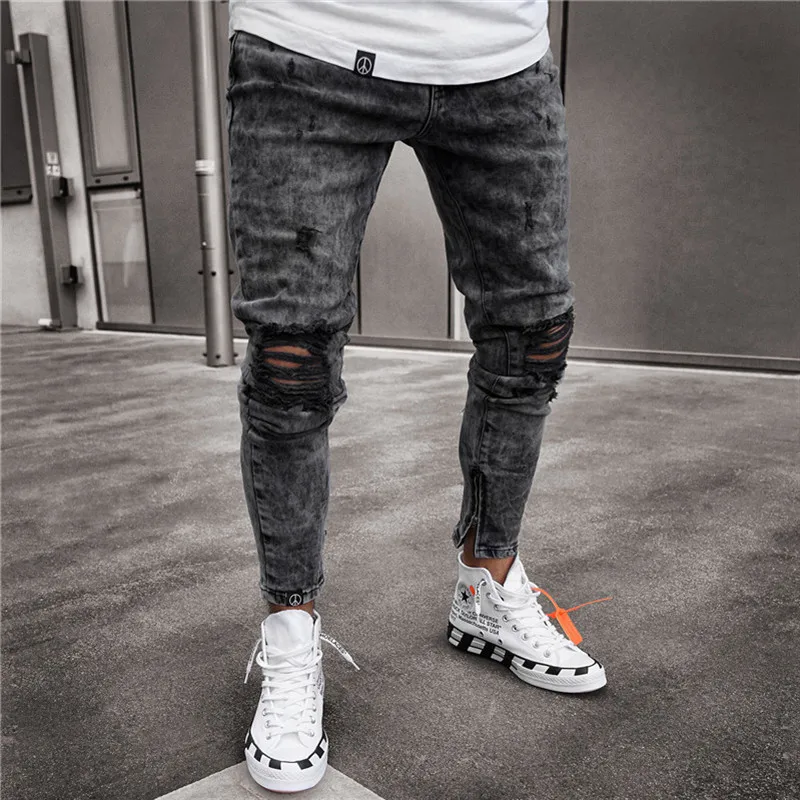 

US size New Men hip hop vintage Snowflake wash gray Ripped Skinny Jeans knee holes Destroyed Streetwear jeans Jogger Denim Pants