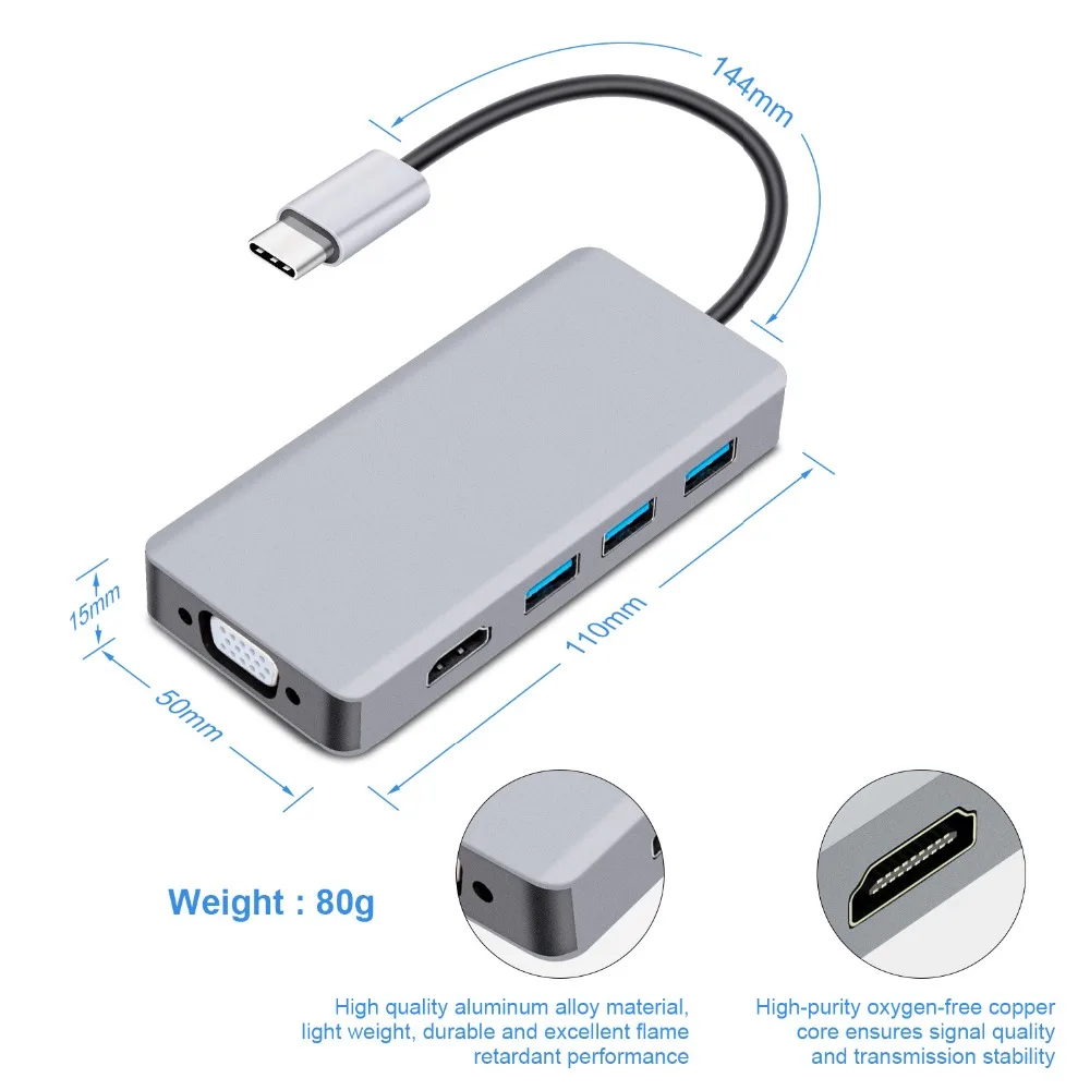 Thunderbolt 3 USB C Tpye C к HDMI VGA USB концентратор 4K конвертер для samsung S9 HDTV проектор компьютер USB C кабель адаптер