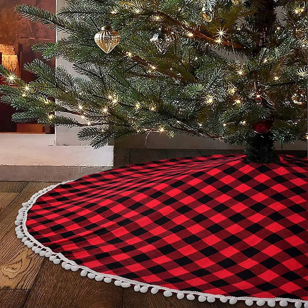 

90/120cm Lattice Christmas Tree Skirt Tassel Lace Edge Christmas Ornaments Holiday Retro Black Red Lattice Print Xmas Tree Skirt