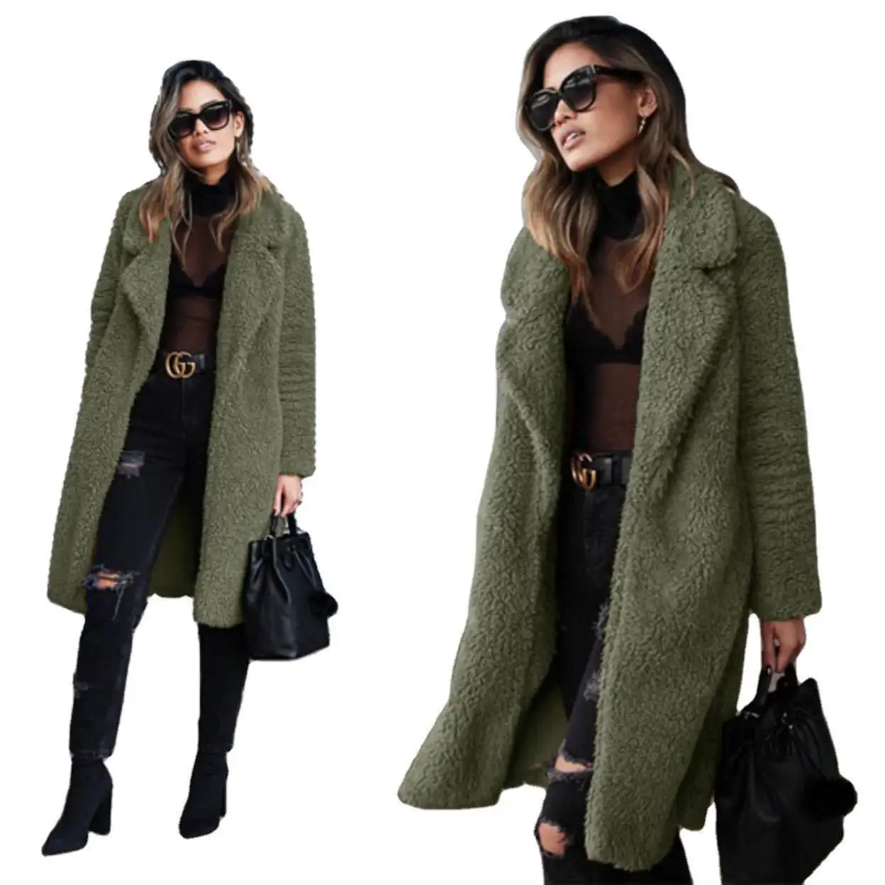 

ZITY Women's Fuzzy Fleece Lapel Open Front Long Cardigan Coat Faux Fur Warm Winter Outwear Jackets with Pockets