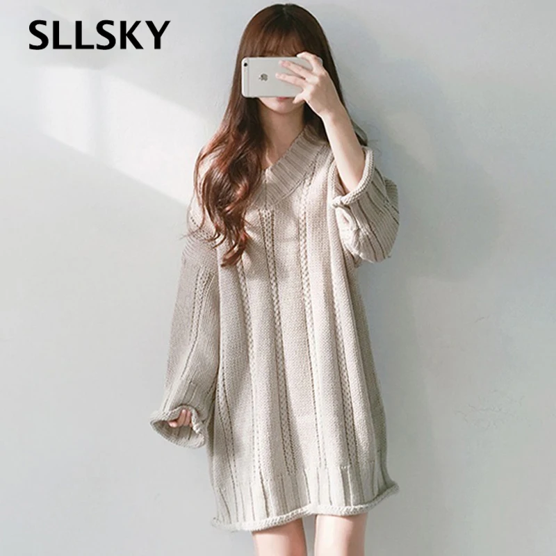 

Sllsky женский однотонный вязаный свитер, Винтажный Длинный свитер с v-образным вырезом, Женский базовый свободный свитер осень-зима