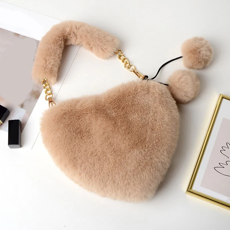 

2021 New Fashion Women's Heart Shaped Faux Fur Crossbody Wallet Purse Chain Shoulder Bag Lady Handbag