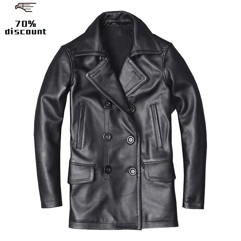 Мужская повседневная кожаная куртка черная длинная двубортная из натуральной