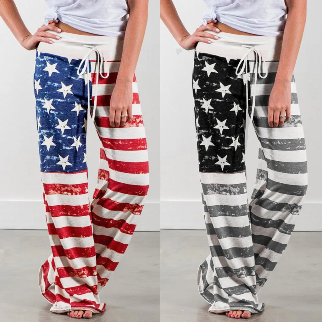 Женские брюки с цветочным принтом изображением американского флага шнурок