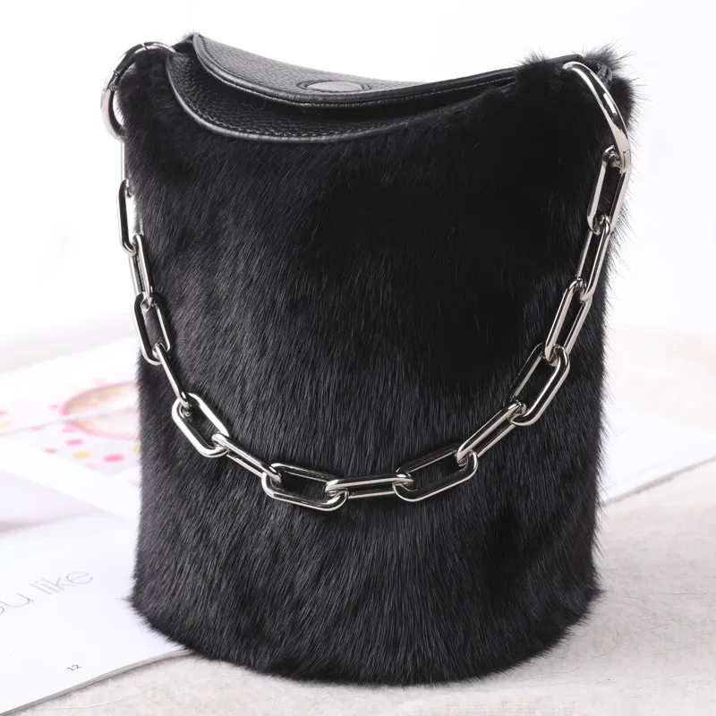 2021 Whole Skin Mink Fur Bucket Bag Korean Winter Fur Handbag Fashion Messenger Bag Shoulder Bag