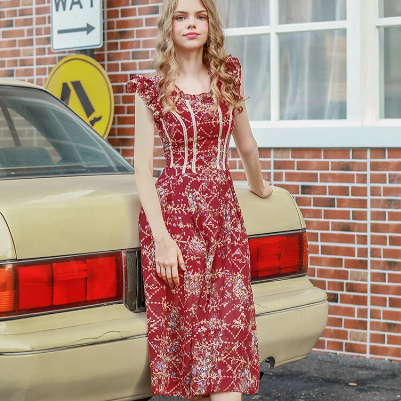 

Literary Floral Elegant Nordic Style Dress Wrapped Waist High Cold Mid-Summer Vintage Embroidered Floral A-line Skirt