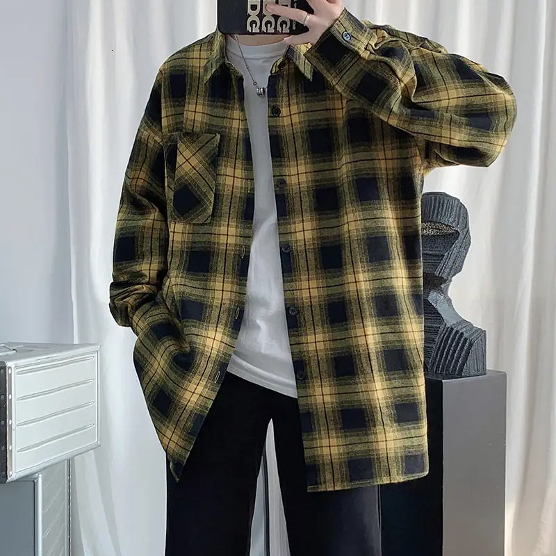 

Рубашка в ретро клетку с длинным рукавом, Мужская весенне-осенняя свободная повседневная куртка, спортивная классическая Куртка с лацканам...
