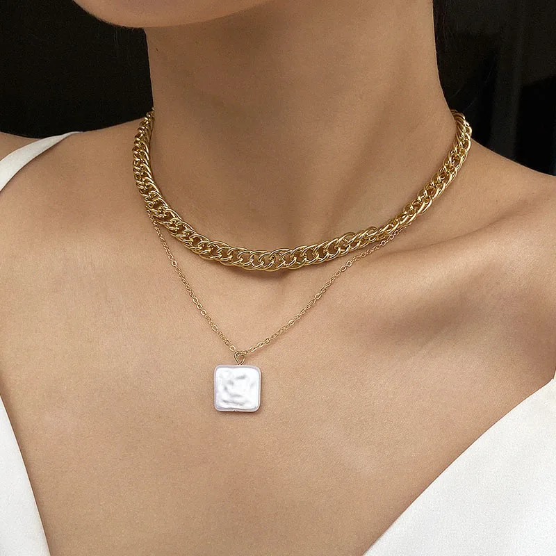 Женское винтажное ожерелье с подвеской толстая цепочка ракушками и квадратным