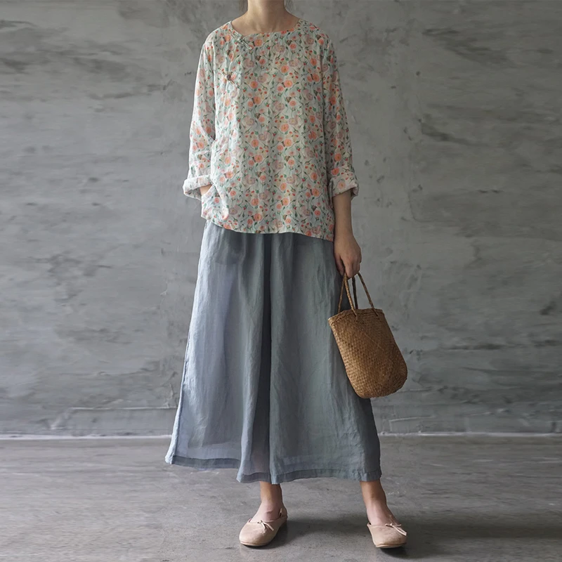 Винтажные Топы рукав девять-четвёртых с круглым вырезом и принтом на пуговицах