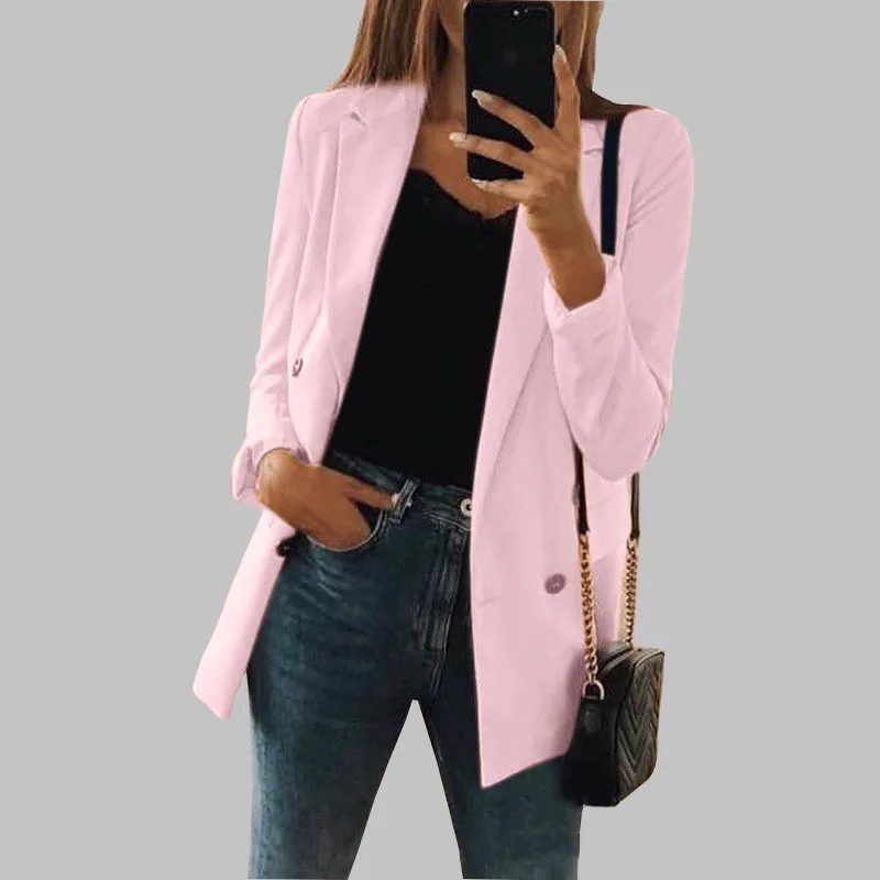 pink HEFLASHOR модные однотонные женские блейзеры куртки с Winth карманами женские офисные повседневные Костюмы Пальто Feminino блейзеры верхняя одежда - Цвет: pink
