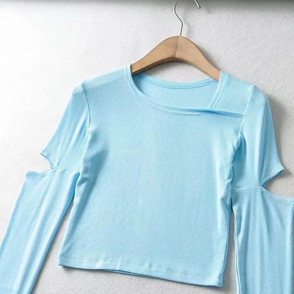 

2021 New slim cut top long sleeve casual solid color short T-shirt for women
