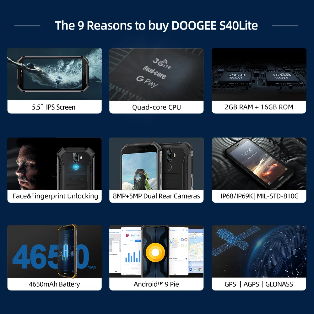 DOOGEE S40 Lite IP68 Android 9 0 прочный телефон четырехъядерный 2 Гб 16 5 дюймов дисплей 4650 мАч 8