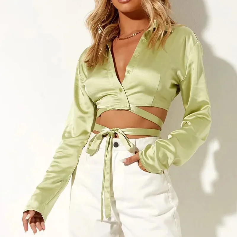

Za Women's Satin Hem Tie Shirt Women Fashion Solid color Loose symmetry Blouses Vintage Long Sleeve Button-up Female Shirts Tops